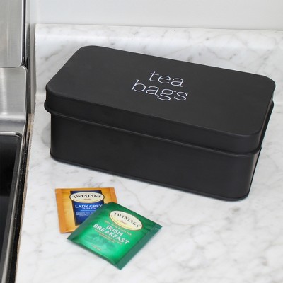 Black Enamelware Tea Bag Storage Box with White Lettering