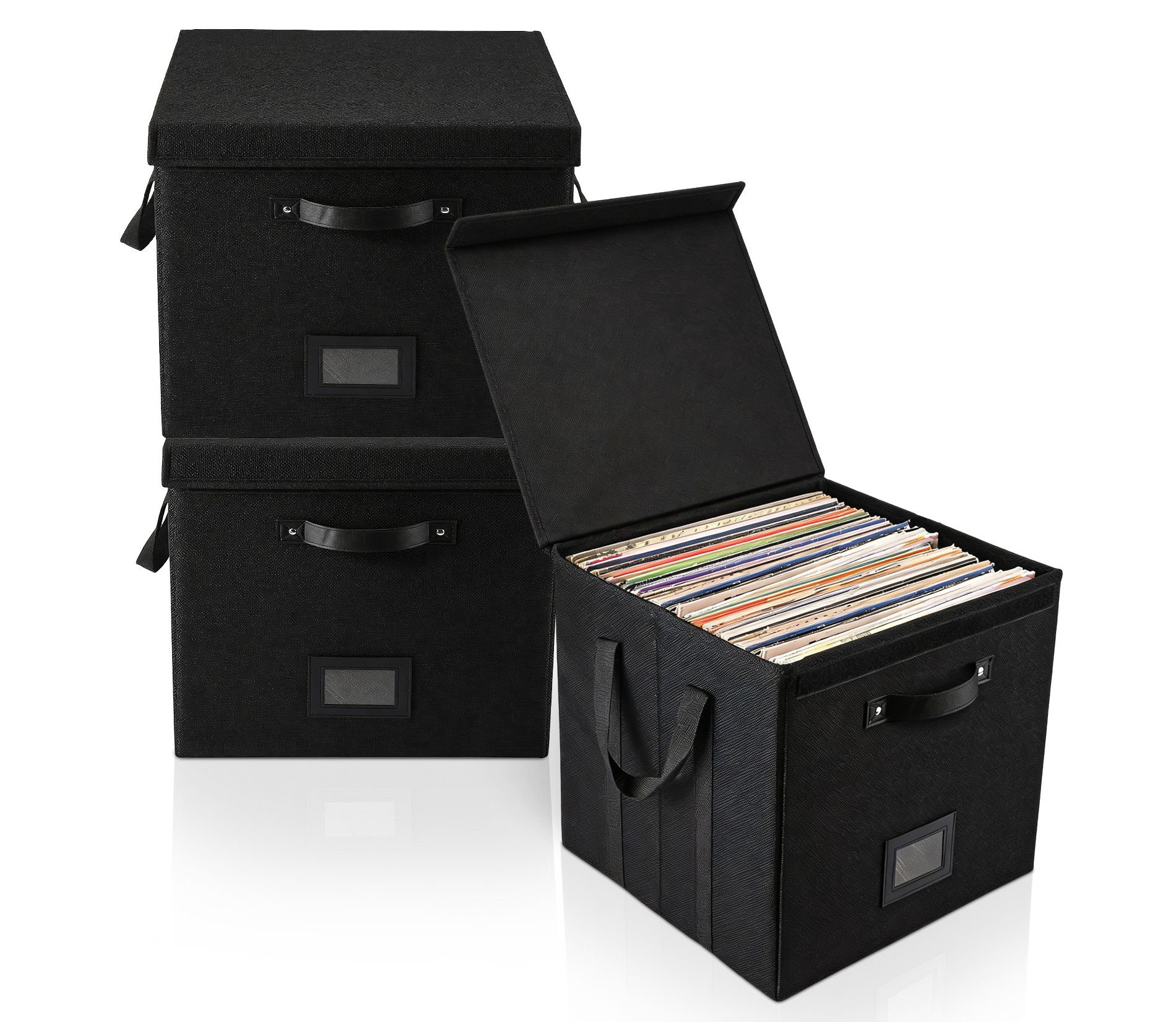 Vinyl Record Storage Boxes, Stackable Record Holder with Lid and Handles, LP Storage Organizer for Valuable Album Collection, 33*33*33cm