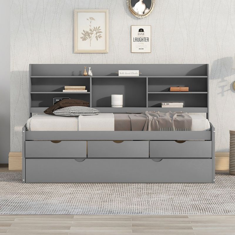 Twin Size Wooden Captain Bed with Built-in Bookshelves, Three Storage Drawers and Trundle-ModernLuxe, 2 of 10