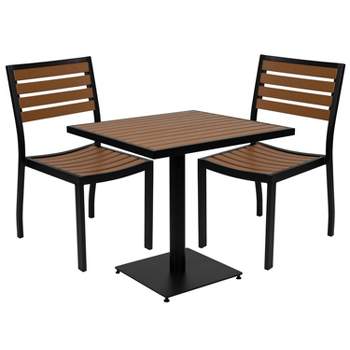 Merrick Lane 3 Piece Patio Table and Chairs Set Faux Teak Wood And Metal Indoor/Outdoor Table and Chairs with All-Weather Purpose
