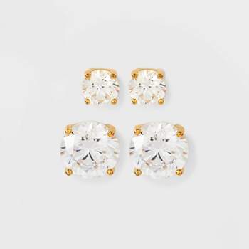 14K Gold Plated Cubic Zirconia Duo Stud Earring Set 2pc - A New Day™ Gold