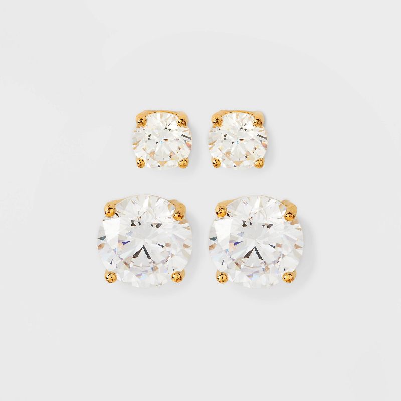 14K Gold Plated Cubic Zirconia Duo Stud Earring Set 2pc - A New Day&#8482; Gold, 1 of 5