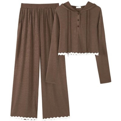ATHLECHIC Women's Casual Lounge Cropped Half Button Hoodie Top Wide Leg Pants Ribbed Knit Tracksuit Two Piece Sets