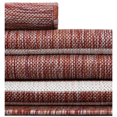 Rust Red and Ivory Striped Synthetic Outdoor Runner Rug