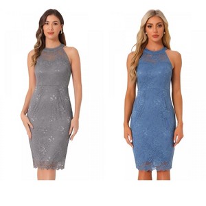 INSPIRE CHIC Women's Elegant Lace Halter Neck Sleeveless Bodycon Cocktail Sheath Dress 2 Packs - 1 of 4