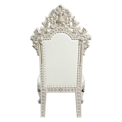 Antique White Tufted Faux Leather Ornate Side Chairs, Set of 2