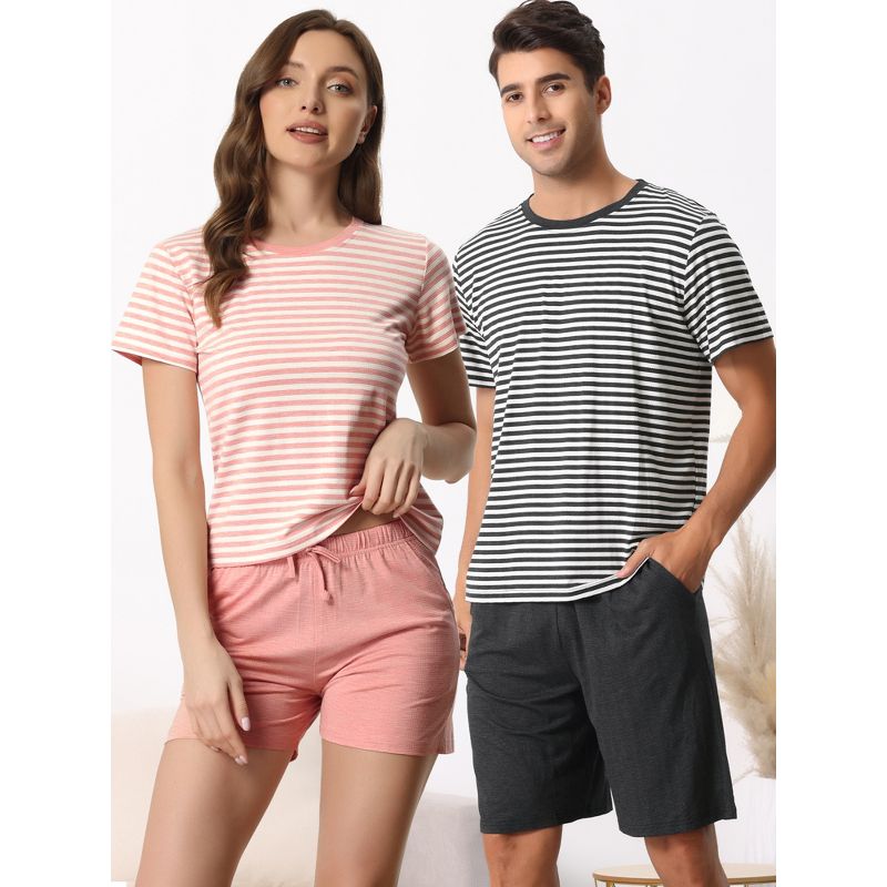 cheibear Men's Sleepwear Short Sleeve T-Shirt with Shorts Stripe Couple Pajama Sets, 2 of 7