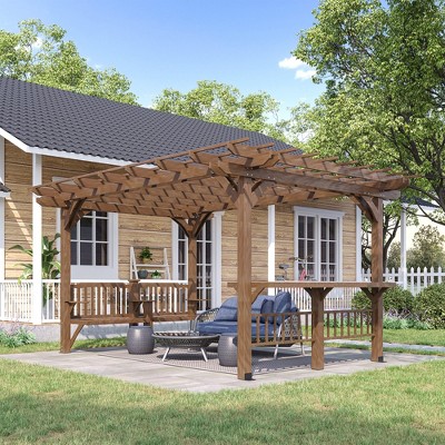Outsunny 14' x 10' Brown Fir Wood Outdoor Pergola with Bar Counters and Seating