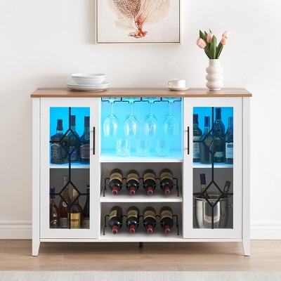 Wine Bar Cabinet with Light,Glass Door Liquor Cabinet with Wine Rack,Coffee Bar Table with Storage Liquor Sideboard with Adjustable Shelves 47.2in