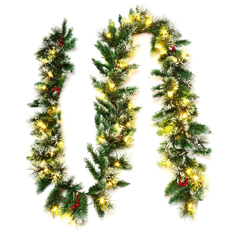 Costway 9ft Pre-lit Christmas Garland w/ Snow Flocked Tips Red Berries 50 Lights & Timer, 1 of 11