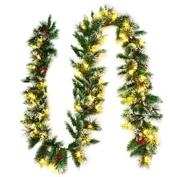 Costway 9ft Pre-lit Christmas Garland w/ Snow Flocked Tips Red Berries 50 Lights & Timer
