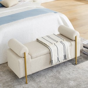 Upholstered Linen Storage Bench with Cylindrical Arms and Iron Legs for Hallway Living Room Bedroom - 1 of 4