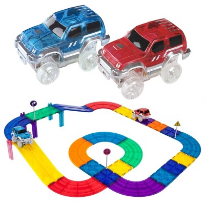 PICASSO-TILES 30 pc Race Track Magnetic Tiles, Building Blocks with 2 Racing Toy Cars included for Kids