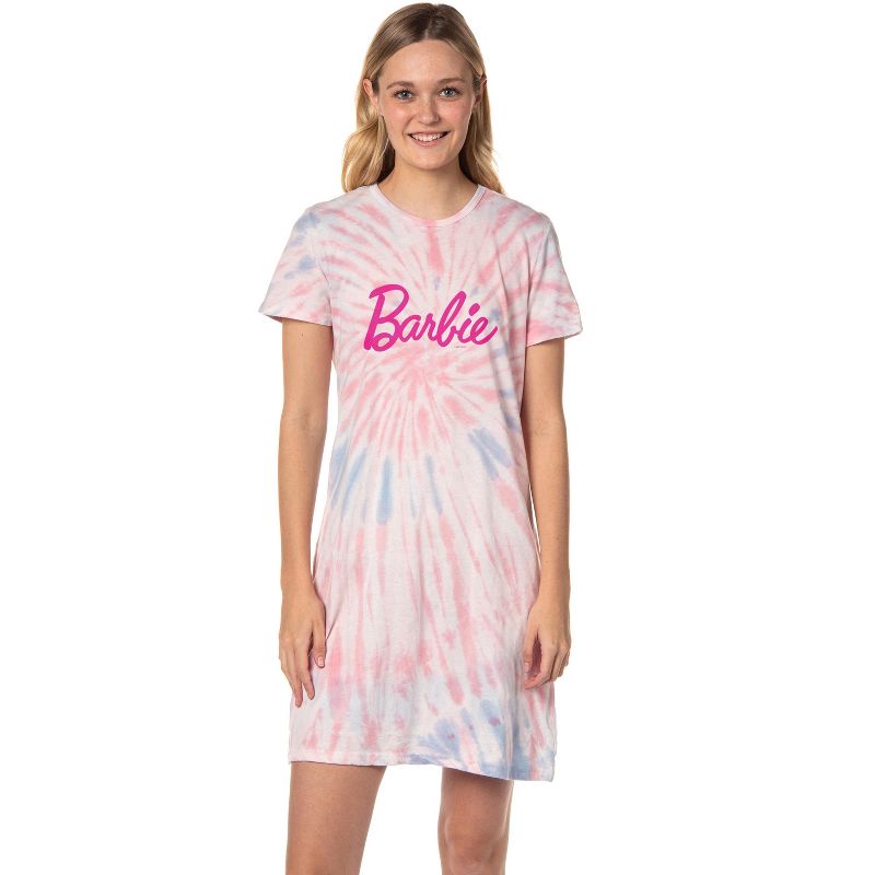 Barbie Womens' Title Logo Tie-Dye Nightgown Sleep Pajama Shirt For Adults Multicolored, 1 of 5
