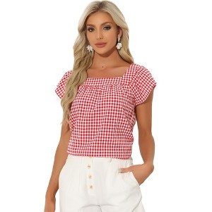 INSPIRE CHIC Women's Summer Square Neck Gingham Cap Sleeve Blouses - 1 of 4