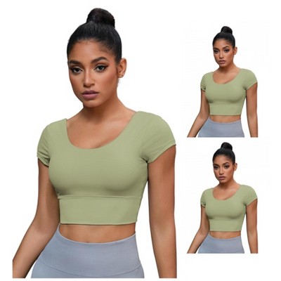 INSPIRE CHIC 3 Packs Women's U Neck Short Sleeve Deep V Back Shapewear Workout Tank Tops with Bulit in Bra