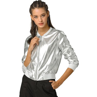 Allegra K Women's Holographic Fashion Stand Collar Metallic Lightweight Zip  Bomber Jacket Silver Medium