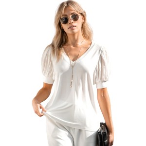 Amaryllis Women's Short-Sleeve V-Neck Top Puff Sleeves Lace Detail Elegant Blouse - 1 of 4