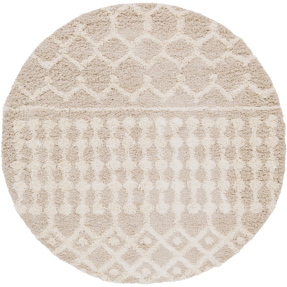 Livabliss 6'7" Round Pinnacle Shag Global Rug Cream: High Pile, Stain & Fade-Resistant, Traditional Style