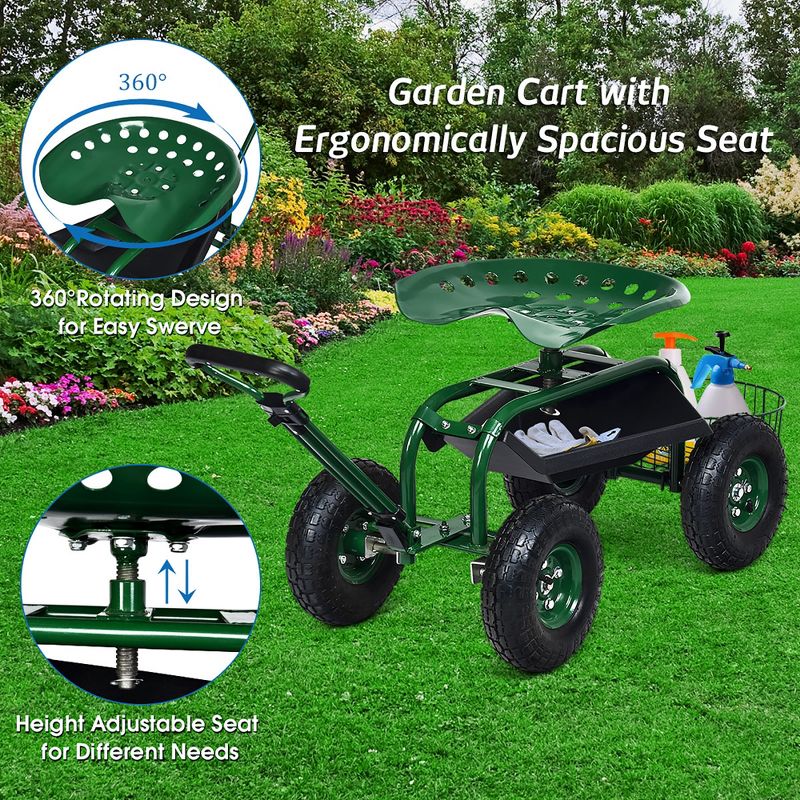Costway Garden Cart Rolling Work Seat w/Tray Basket E xtendable Handle Green, 4 of 11
