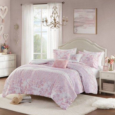 Intelligent Design Full/Queen Colette Floral Paisley Comforter Set Pink: Hypoallergenic Microfiber Bedding for Teens