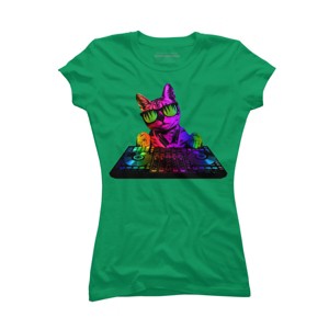 Junior's Design By Humans Cool Cat DJ By clingcling T-Shirt - 1 of 3