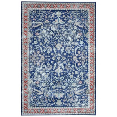Washable Vintage Rug Non Slip Low Pile Rug Soft Throw Floor Cover Floral Foldable Indoor Carpet for Living Room Bedroom Playroom Nursery
