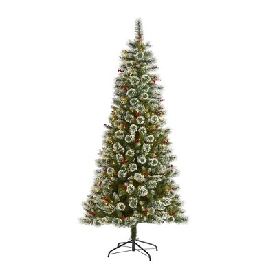 Nearly Natural 7-ft Frosted Swiss Pine Artificial Christmas Tree with 400 Clear LED Lights and Berries