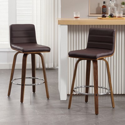 Bekrvio 26"/29" Swivel Bar Stools Set of 1/2, Faux Leather Upholstered Counter Chairs with Wood Legs, Mid-Century Seating for Kitchen Island