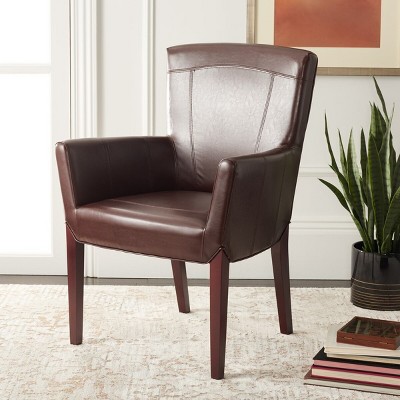 Transitional Ken Arm Chair in Brown Leather and Cherry Mahogany