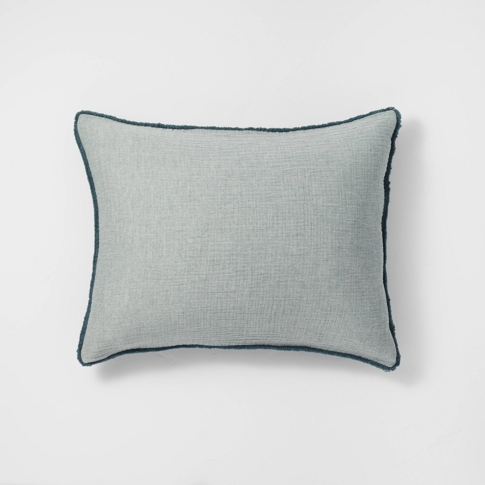 Photos - Bed Linen Standard Textured Chambray Cotton Pillow Sham Dark Teal Blue - Casaluna™