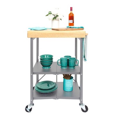 Foldable Silver Kitchen Cart with Wood Butcher Block Top