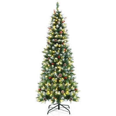 6ft Pre-lit Artificial Hinged Pencil Christmas Tree Decorated Snow Flocked Tips