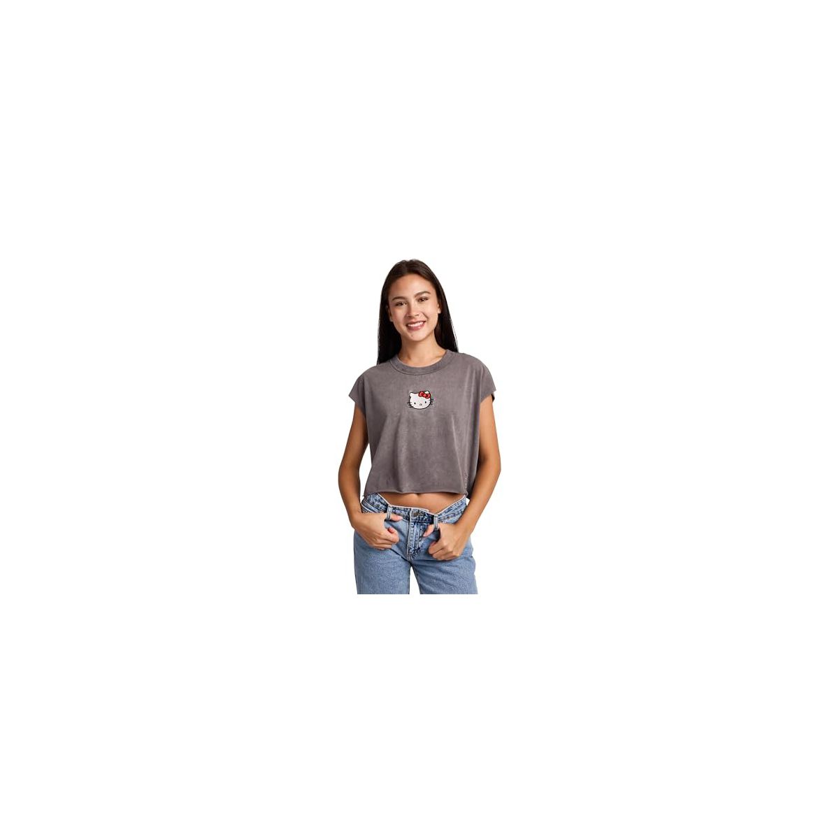 Hello Kitty Embroidered Character Face Women's Black Ram Hem Cropped Tank - thumbnail 6
