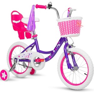 Weize Kids Bike 14 Inch Girls Bicycle for Age 3-5 Years Old, Purple Carbon Steel Frame Bikes with Adjustable Seat, Training Wheel, and Doll Seat - 1 of 4