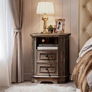 ZACHVO 18Inch Farmhouse Nightstand with Charging Station, 2 Drawers & Metal Handles – Black Wooden Bedside/End Table - 1 of 4