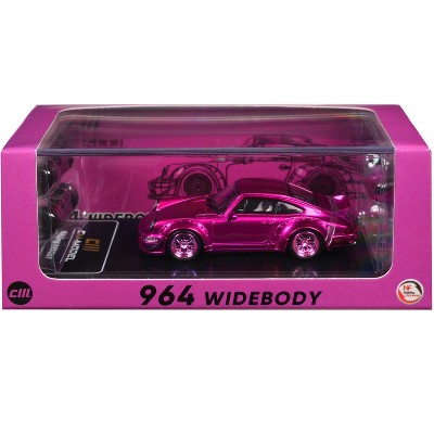 Porsche 964 Widebody Hot Pink Metallic with Extra Wheels and Wing 1/64 Diecast Model Car by CM Models