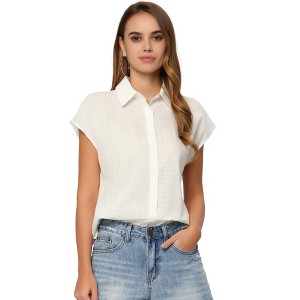 Allegra K Women's Casual Summer Linen Button Down Cap Sleeve Cotton Collar Shirts - 1 of 4
