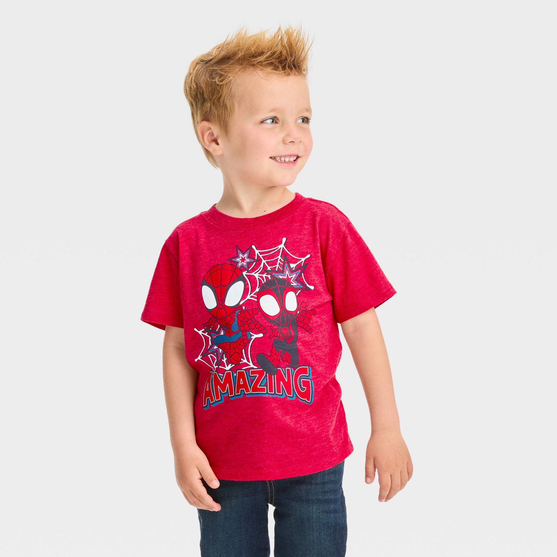 Toddler Boys' Marvel Spidey and Miles Solid Short Sleeve T-Shirt - Red 2T