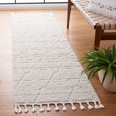 Beige Moroccan Boho Synthetic Runner Rug with Tassels