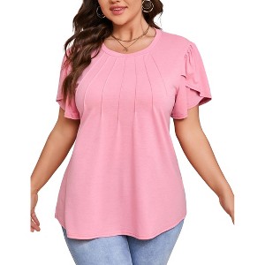 Womens Plus Size Tops Short Sleeve Casual Summer Square Neck Pleated Loose Fit Flowy Eyelet T Shirts Blouse - 1 of 4