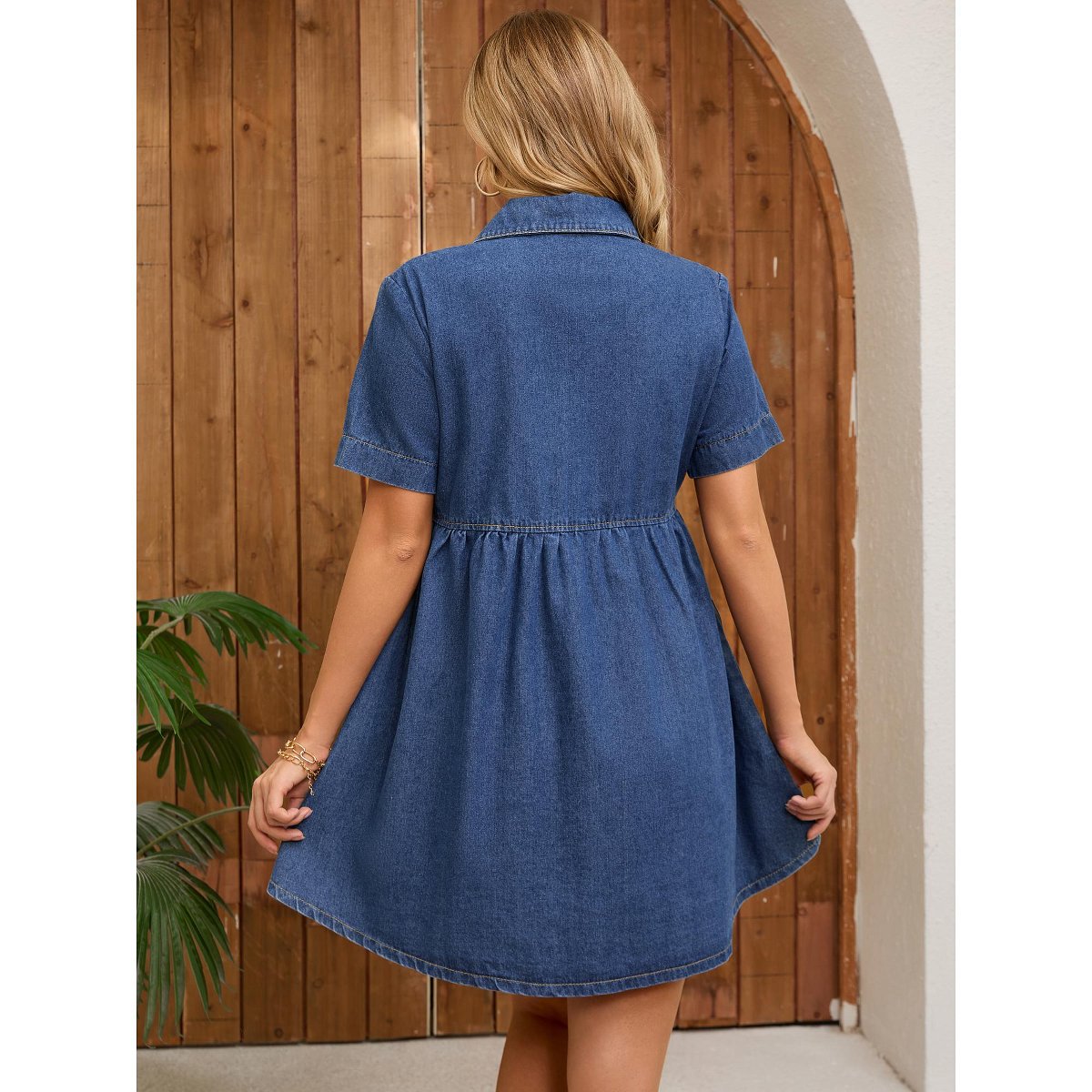 Женские платья INSPIRE CHIC Women's Denim Short Sleeve Button Down Turndown Collar Babydoll Mini Shirt Dresses 2 Packs Blue/Deep Blue Large — фото 2