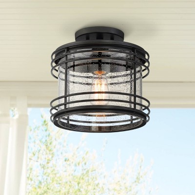 Matte Black Geometric 21" Indoor/Outdoor Ceiling Light with Glass