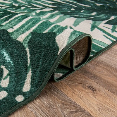 Large Green and White Synthetic Tropical Floral Area Rug