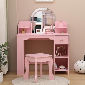 Kids Vanity with Lighted Mirror & Stool, Little Girls Vanity with Adjustable LED Light - 1 of 4