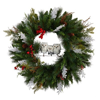 Nearly Natural 24” Holiday Winter Owl Family Pinecone Berry Christmas Artificial Wreath