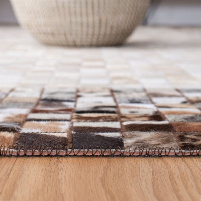 Hand-Stitched Beige & Brown Geometric Cowhide Runner Rug - 2'3" x 7'