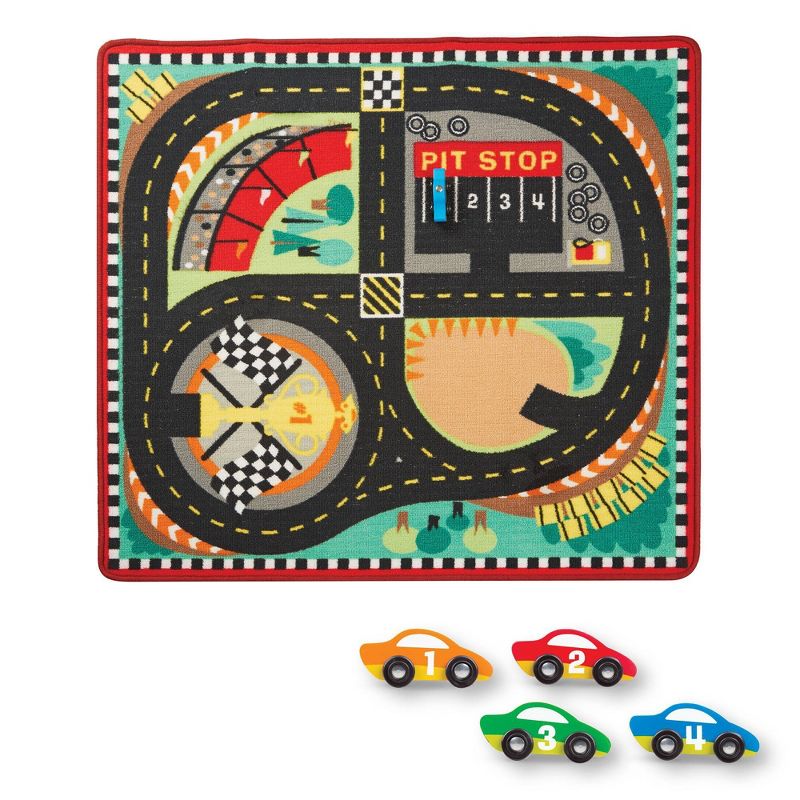 Melissa &#38; Doug Round the Speedway Race Track Rug With 4 Race Cars (39 x 36 inches), 1 of 11