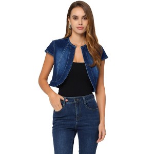 INSPIRE CHIC Women's Cap Sleeve Slim Fit Summer Open Front Crop Denim Jacket - 1 of 4
