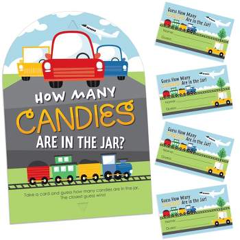 Big Dot of Happiness Cars, Trains, and Airplanes - How Many Candies Transportation Birthday Party Game - 1 Stand and 40 Cards - Candy Guessing Game